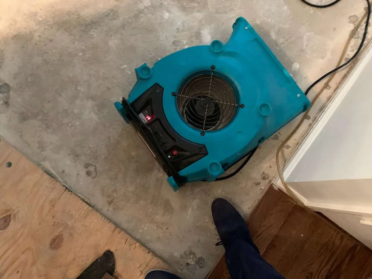 Air mover drying subfloor during Leak Detection & Repair in Hagerstown